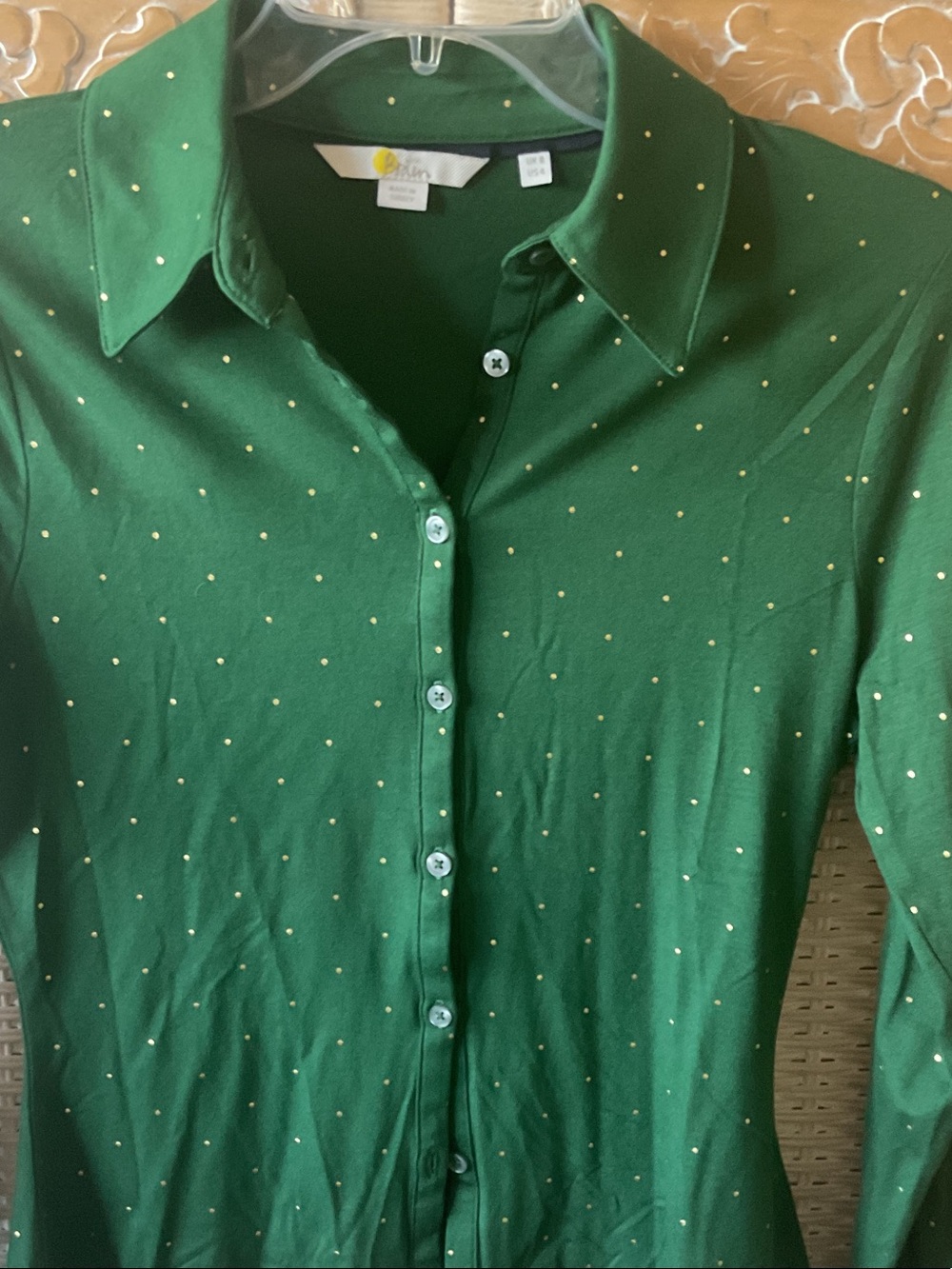 Boden Top with Metallic Gold Polka Dots EUC
